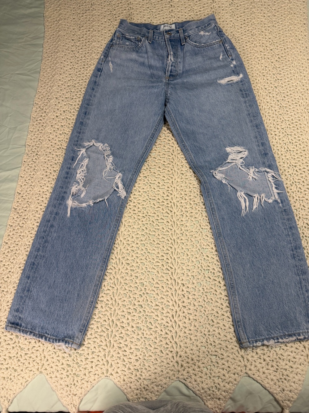 Agolde Light Blue Distressed Straight Jeans